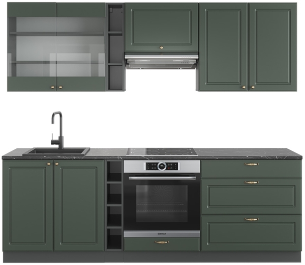 Küchenzeile Fame-Line Grün-Gold Landhaus/Anthrazit 235 cm , AP Anthrazit Vicco