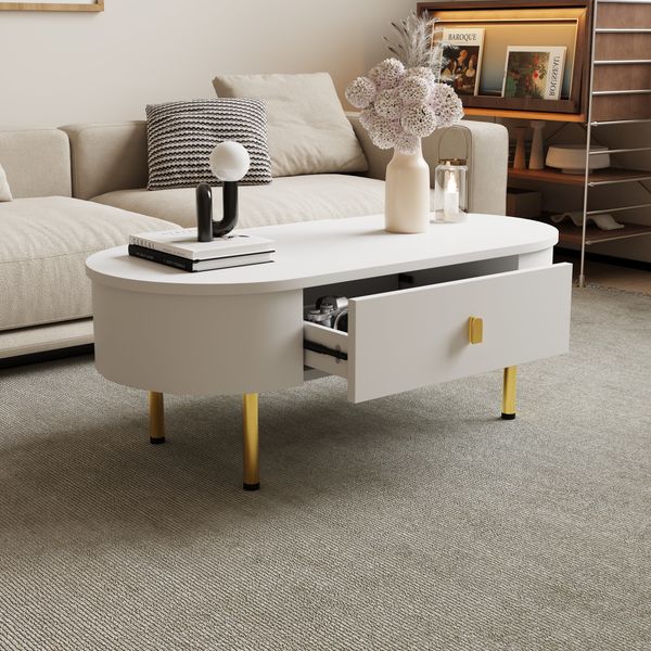 Couchtisch weiß Gold 108cm mit Schubladen Stauraum MDF modern Wohnzimmer Beistelltisch