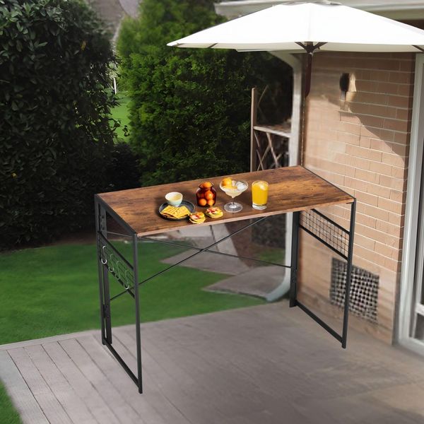 FurnitureR Klappbarer Beistelltisch 100x50 cm - Retro Braun mit Metallgestell, Haken, platzsparend für Balkon/Terrasse, 50kg Tragkraft (5,5cm flach)