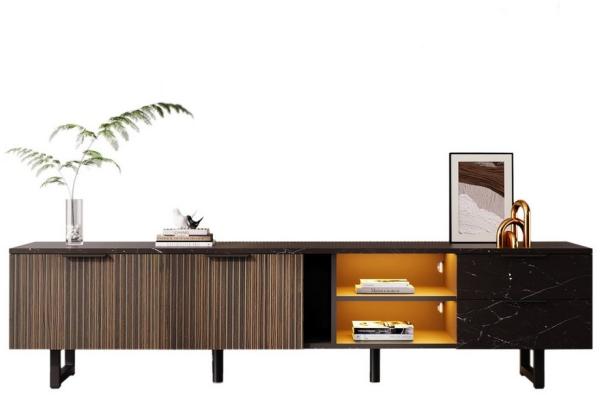 HAUSS SPOLE Lowboard mit verstellbarer LED-Beleuchtung, 2 Türen und 2 Schubladen, schwarz (Fernsehtisch,TV-Ständer, 1 St, 2 Türen, 2 Schubladen und 3 offene Fächer), mit dunklen Holzmasertüren, verstellbarer LED-Beleuchtung