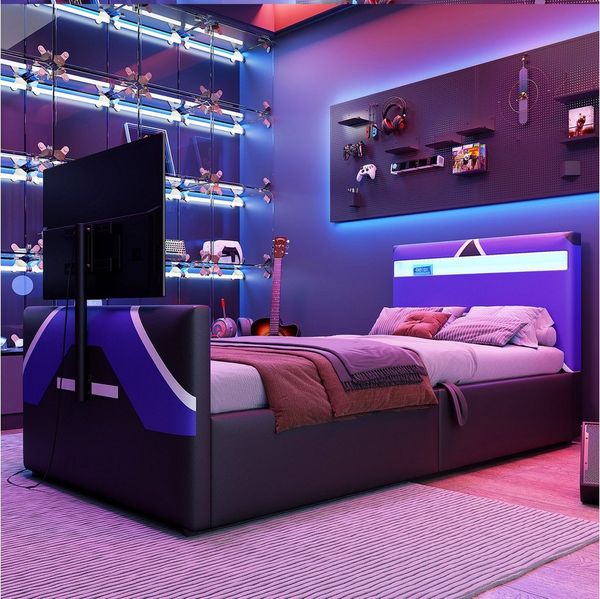 HAUSS SPOLE Polsterbett mit LED Jugendbett mit Stauraum Gamingbett mit TV-Halterung (LED-Farbwechsel, hydraulischem Stauraum & TV-Halterung – Multifunktionales Gaming-Bett, 90x200 cm), Inklusive Matratze