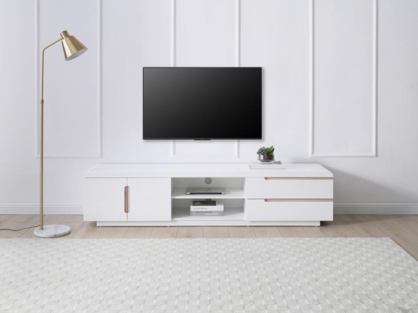 Vente-unique - TV-Möbel mit 2 Türen, 2 Schubladen & 2 Ablagefächern - Weiß & Holzfarben - NURINI