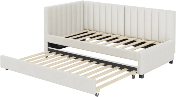 Polsterbett, 90 x 200, Ausziehbares Schlafsofa, Multifunktionsbett mit Lattenrost, Jugendbetten Kinderbetten Gästebetten, Samtstoff, Beige, 90 x 200 cm