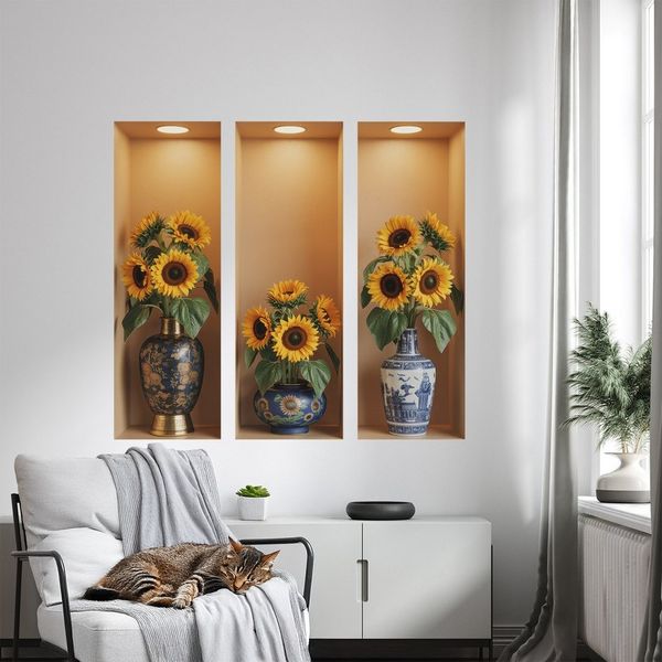 Tulup Wandtattoo Wandaufkleber 3D-Design Nische, Gelb 3D-Wandsticker, Vasen mit Sonnenblumensträußen, klassische Komposition