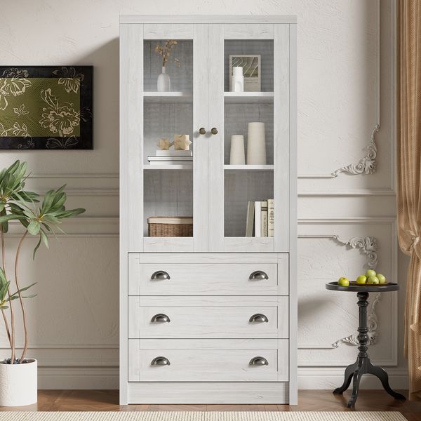 Hochschrank in Holzoptik mit Glastüren & 3 Schubladen, 80x34x171 cm, Holzfarbe