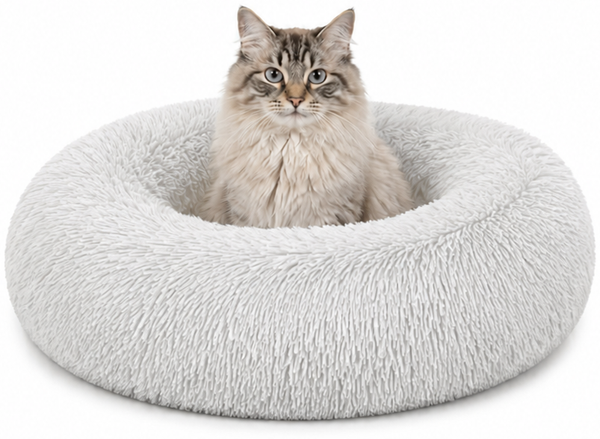 lionto Donut Katzenkissen, rundes Bett mit Plüschbezug & Anti-Rutsch-Boden, erhöhter Rand für Geborgenheit, 50 cm Durchmesser, hellgrau