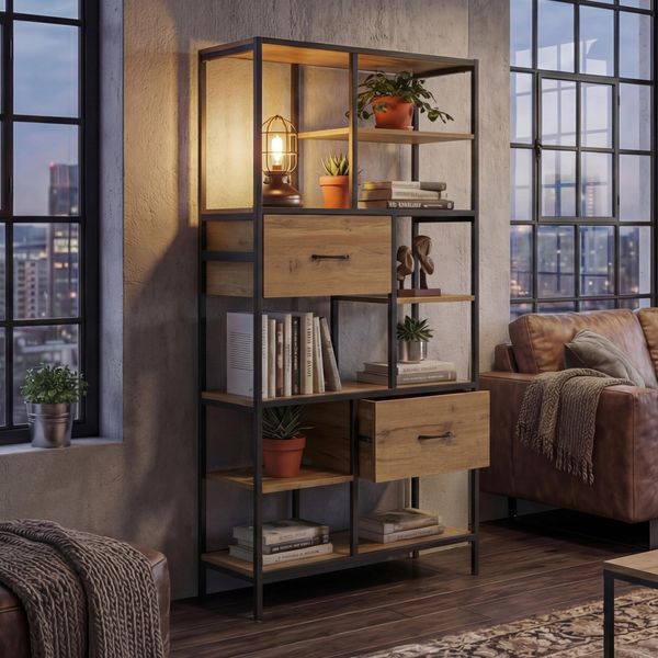 Regal HWC-P11, Regalschrank Bücherregal Standregal, Schubladen Industrial MDF Metall Melamin 150x81x33cm ~ braun
