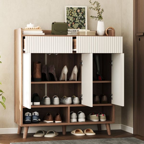 Flieks Schuhschrank mit 2 Schubladen, 3 Türen und 2 offenen Fächern Weiß+Natur (90x35x100 cm, 1-St) Mehrzweckschrank Schuhkommode mit verstellbarer Einlegeböden Holzoptik