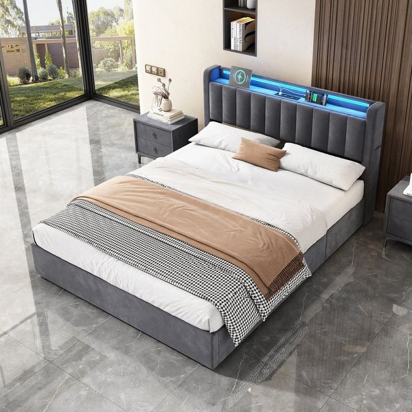 STILVORA Polsterbett 90×200 mit bettkasten,Bettgestelle Boxspringbett mit USB & LED-Licht (Funktionsbett mit Fernbedienung, Gepolsterter Rand, Samtstoff, Metallrahmen, Kompfort, Grau), Jugendbett ohne matratze, Stauraumbett für verschiedene Raumstile