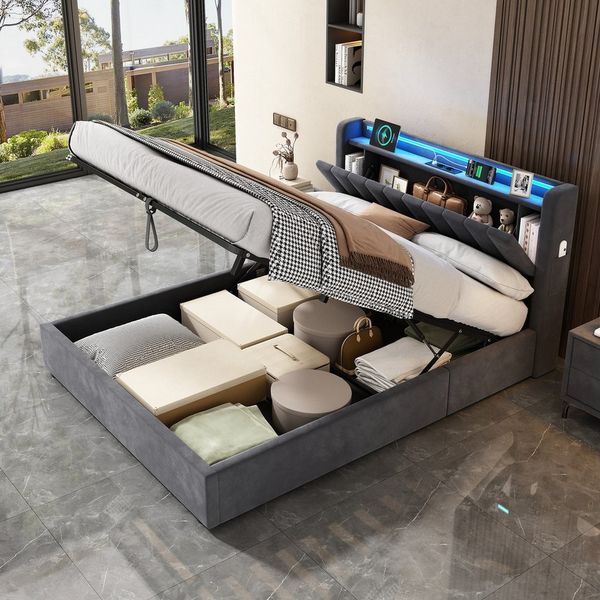 STILVORA Polsterbett 90×200 mit bettkasten,Bettgestelle Boxspringbett mit USB & LED-Licht (Funktionsbett mit Fernbedienung, Gepolsterter Rand, Samtstoff, Metallrahmen, Kompfort, Grau), Jugendbett ohne matratze, Stauraumbett für verschiedene Raumstile