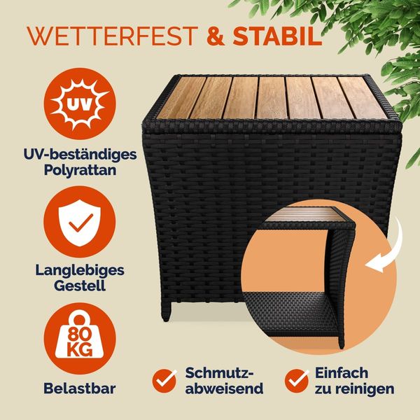 CASARIA® Beistelltisch Klein Polyrattan Akazie Schwarz
