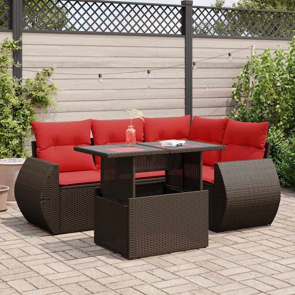 vidaXL 5-tlg. Garten-Sofagarnitur mit Kissen Braun Poly Rattan Akazie 3326635