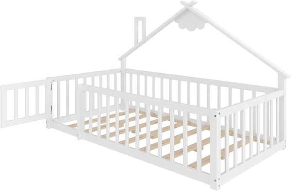 Flachbett, 90x190 cm, Kinderbett, Hausleiste, Geländer mit Schloss, Kiefernholz, Weiß Bild 9