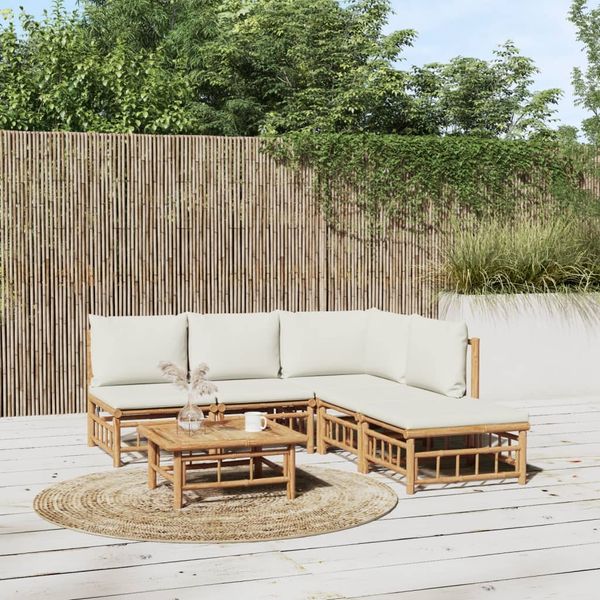 vidaXL 6-tlg. Garten-Lounge-Set mit Cremeweißen Kissen Bambus 3155199