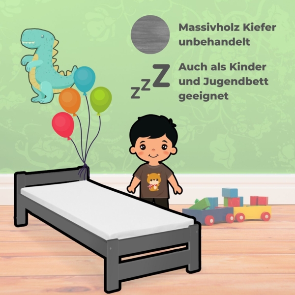 Coemo Bett Classico Holzbett Bettgestell mit Lattenrost Massivholz Kiefer Farbe Anthrazit 80 x 200 cm Bild 3
