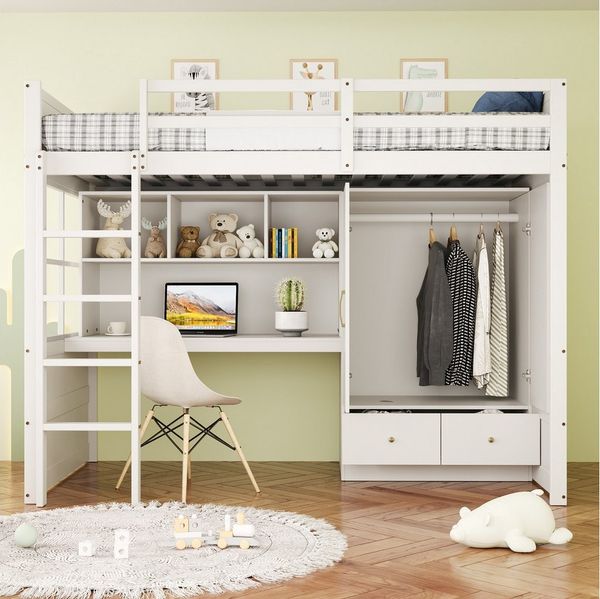 STILVORA Kinderbett 90x200 mit Kleiderschrank,Jugendbett Bettgestell mit Schreibtisch (mit Leiter, Schreibtisch & Stauraum, Kleiderschrank und Schubladen, 90x200 cm), ohne Matratze