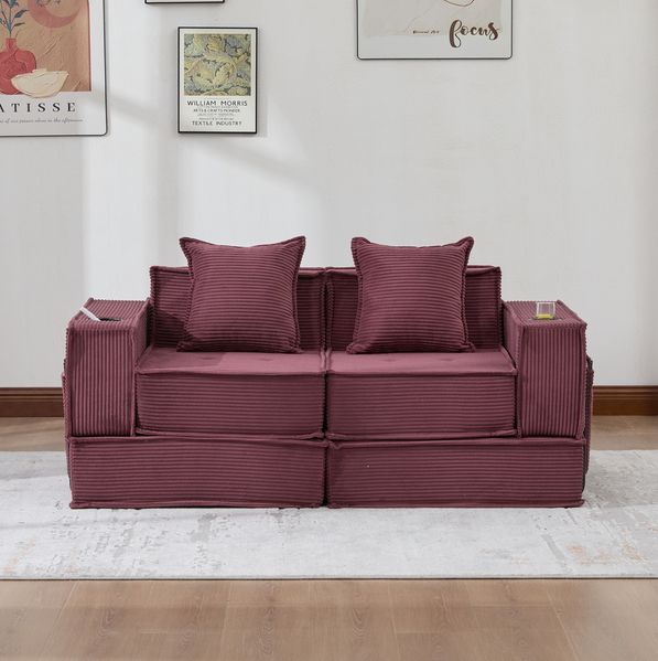 2-Sitzer Sofa 162 x 78 x 66 cm mit 2 Kissen und Seitentaschen – Cord in Weinrot