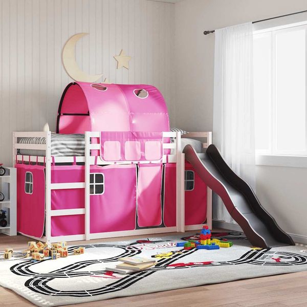 vidaXL Etagenbett mit Rutsche und Gardinen Rosa 90x200 cm 3284139