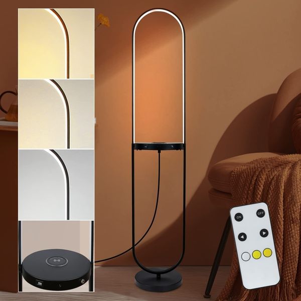 ZMH Stehlampe Wohnzimmer Led Stehleuchte Wireless Aufladbar - Dimmbar Fernbedienung Regal mit USB Anschluss Standleuchte Modern Design Standlampe Schwarz Metall Regallampe für Schlafzimmer Büro Bett
