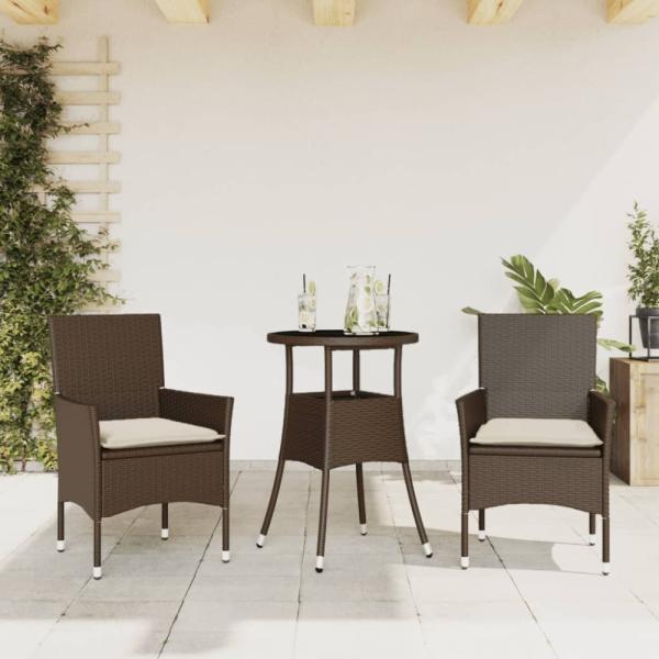 vidaXL 3-tlg. Garten-Essgruppe mit Kissen Braun Poly Rattan Glas 3278619