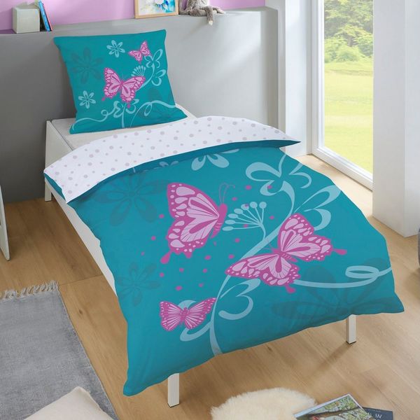 Butterfly Bettwäsche Set für Mädchen mit Schmetterling Motiv 135x200 + 80x80 cm Türkis-Weiß aus 100% Baumwolle