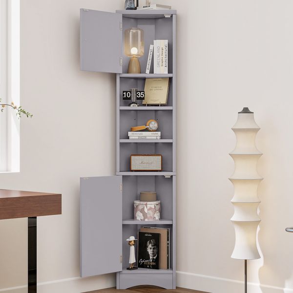 36.5 x 24.5 x 170cmDreieckiger Badezimmerschrank, Volllackierung,feuchtigkeitsbeständiger Lack, drei offene Ablagefächer, Doppeltüren, verstellbare Einlegeböden, platzsparend, Grau