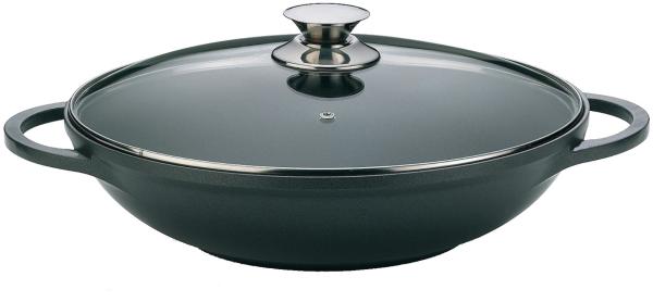 Cheffinger WOK Wokpfanne Woktopf Induktion 36cm Aluguss mit Deckel Bratpfanne Marmorbeschichtung