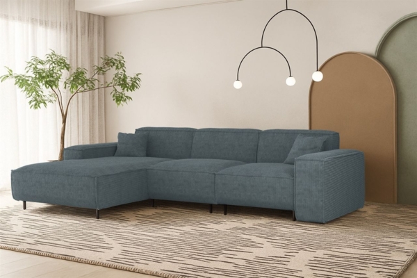 Ecksofa Designersofa GLORIA in Stoff Scala Blau Ottomane Links