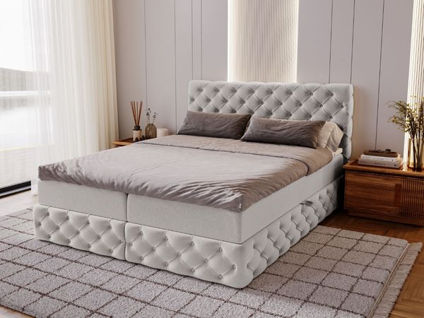 GRAINGOLD Canolo Doppelbett 160x200, Boxspringbett mit zwei Bettkästen, Glamour Stil, Velour-Stoff, Hellgrau