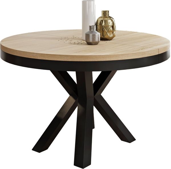 Runder Ausziehbarer Esstisch Weiß - Tisch im Loft-Stil mit Metallbeinen - Industrieller Tisch für Wohnzimmer - Spacesaver - Eiche Sonoma - Schwarz - 100 cm