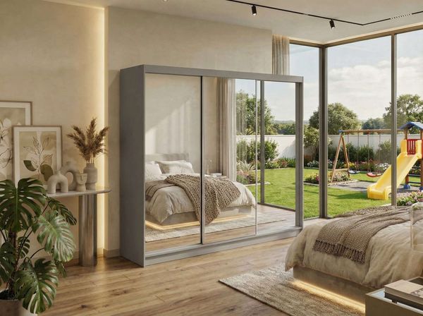 Schwebetürenschrank DUBROWNIK mit großer Spiegelfront, moderner Kleiderschrank, Breite 240 cm - Grau - inkl. Schubladen
