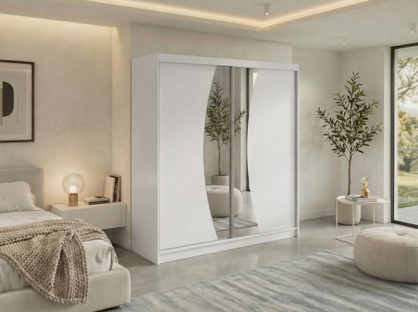 Schwebetürenschrank VERONA mit großer Spiegelfront, moderner Kleiderschrank, Breite 200 cm - Weiß, inkl. Innenausstattung