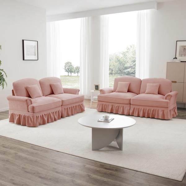 Elegantes Mid-Century L-förmiges 2-Sitzer Sofa, Chenille, Trichter-Armlehnen, abnehmbare Rüschenschürze, spindelförmige Beine, beweglicher Hocker, rosa