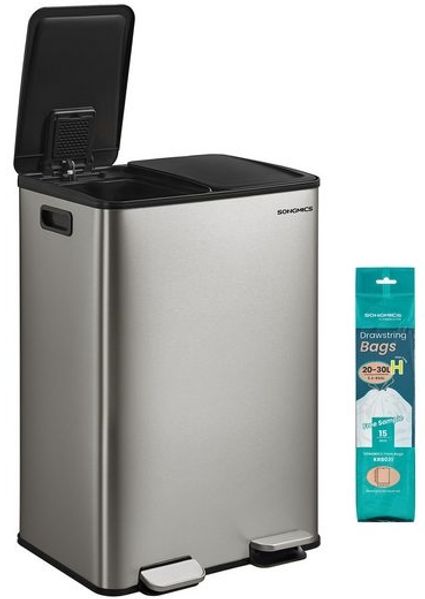 SONGMICS Mülleimer Küche, 2 x 30 Liter, 2 Fächer, Abfalleimer, Tretmülleimer, Softclose-Deckel, Edelstahl, silbern