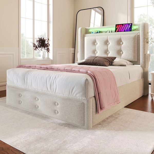 Polsterbett 90×200 cm aus Baumwoll-Leinen-Stoff mit LED-Beleuchtung und Matratze, beige