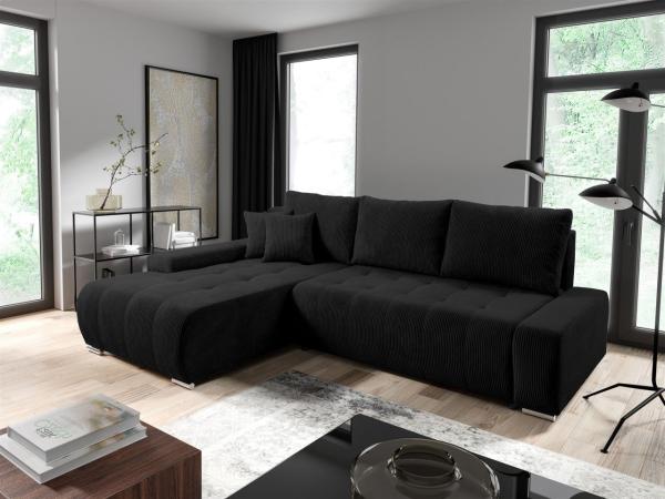 Ecksofa Sofa mit Schlaffunktion VOGAR Stoff Poso Schwarz Ottomane Links