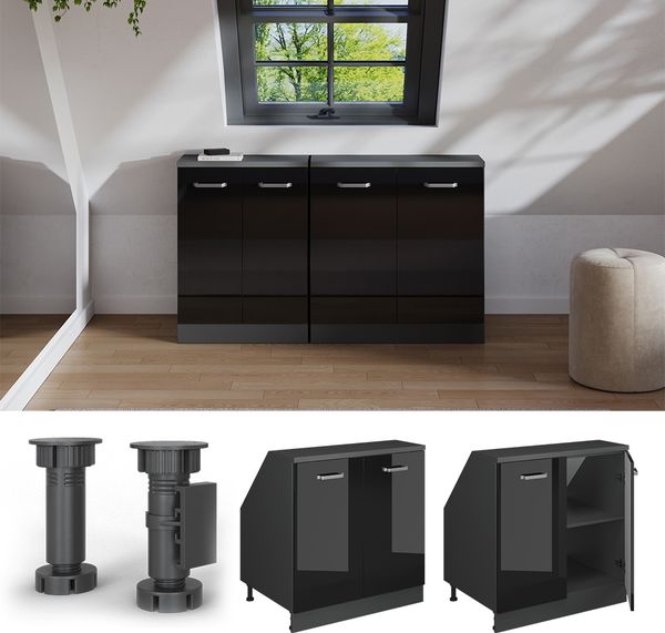 Dachschrägenschrank Rion Schwarz Hochglanz 80 x 81.6 cm mit 2 Türen, Schrankkorpus 60 cm Tiefe Vicco Bild 5