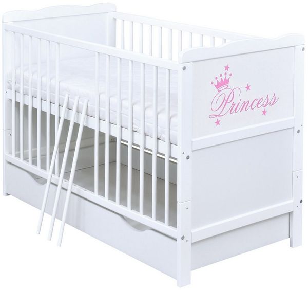 Baby-Delux Babybett Natalie Princess Bettkasten, Kinderbett Gitterbett 140x70 weiß mit Beißschienen Schublade, Matratze