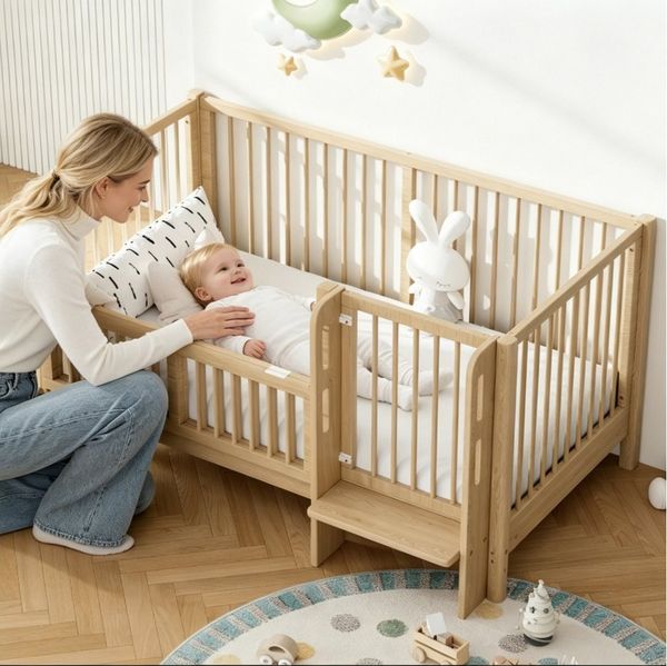Merax Babybett Babybett Gitterbett 140x70 cm, Kinderbett aus Massivholz, 1-tlg, umwandelbar in Anstellbett, mit Schutzgeländer, Sicherheitsverschluss