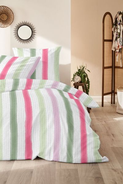 Primera Soft-Seersucker Bettwäsche 155x220 Streifen grün weiß pink 213071-52
