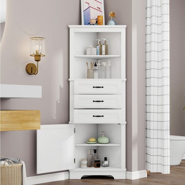 Flieks Eckschrank Badkommode Hochschrank mit 3 Schubladen und verstellbaren Einlegeböden (1-St, 57,7×46×167,5 cm) Badezimmerschrank Mehrzweckschrank Eckregal mit 4 Fächern Weiß