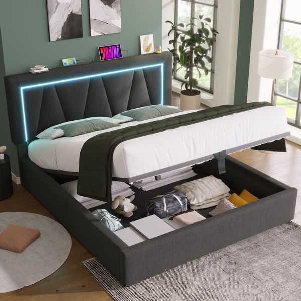 Polsterbett mit USB-Anschluss, Type-C & LED, Stauraum, 140x200 cm, Grau, ohne Matratze
