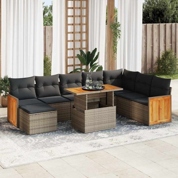 vidaXL 9-tlg. Garten-Sofagarnitur mit Kissen Grau Poly Rattan Akazie 3327749