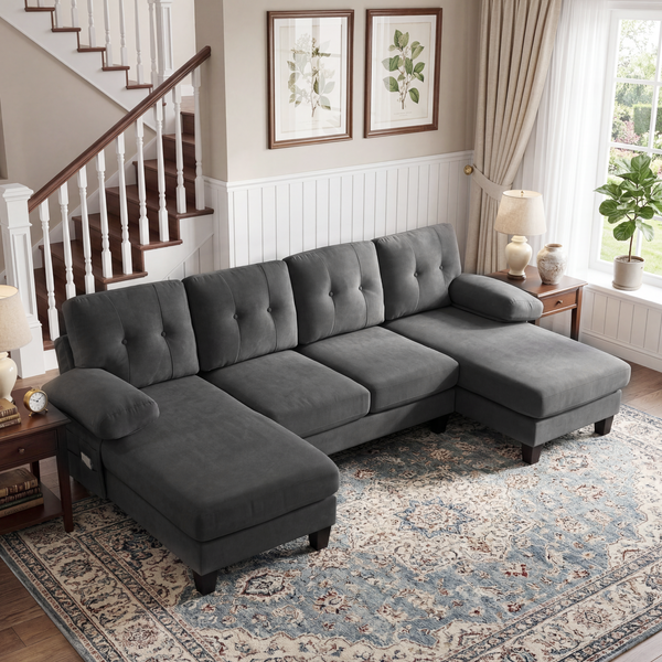Sofa aus Chenille 268x128x84 cm mit Doppel-Chaiselongue, grau