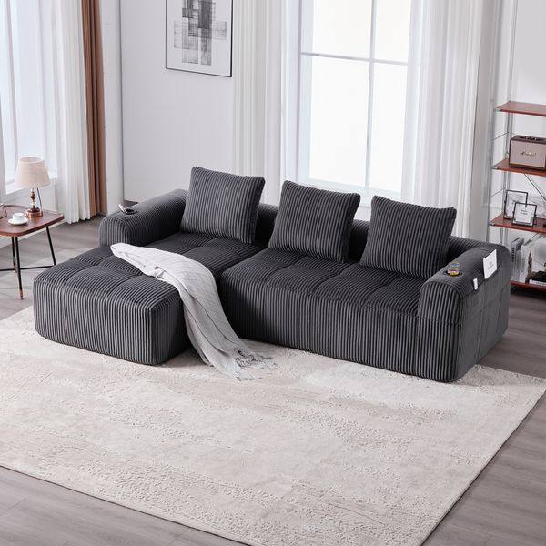 LVHOM Ecksofa 3 sitzer, Bodensofa mit Seitentaschen und Getränkehalter, Polstersofa aus Cordstoff, frei Kombination, Modulares Chaiselongue-Sofa-Set, 253x158x61 cm