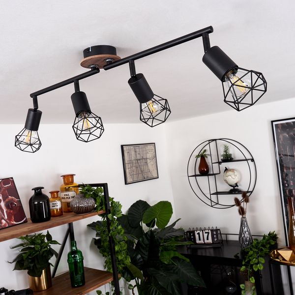 »Borio«, Deckenlampe im Retro/Vintage Design aus Metall/Holz in Schwarz/Natur, Leuchte m. verstellbaren Schirmen in Gitter-Optik u. Lichteffekt, 4-flammig, 4 x E14-Fassung max. 40 Watt