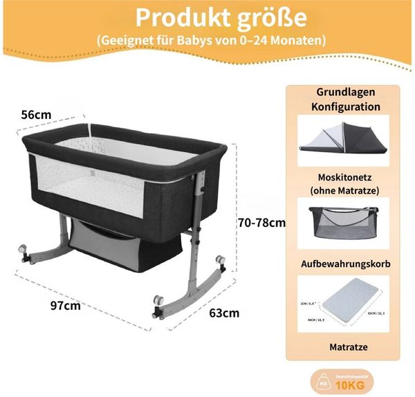 Rutaqian Beistellbett 3 in 1 Babybett & Babywiege & Reisebett,Stubenwagen, Bis 10KG, mit Rollen Kinderbett,Matratze,Moskitonetz,6-stufige Höhenverstellung