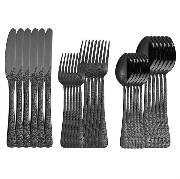 KEENZO Besteck-Set 30 teilig Schwarz Essbesteck Set für 6 Personen florale Muster Griff (30-tlg), 6 Personen, Edelstahl