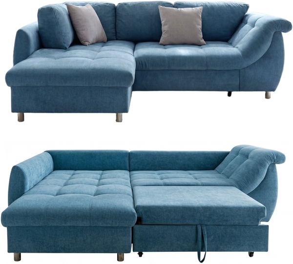 Ecksofa Schlafcouch Polsterecke L-Garnitur Wohnlandschaft Ottomane links in Blau