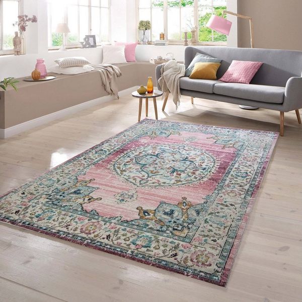TeppichHome24 Teppich Teppich Orient Outdoor Vintage in rosa, rechteckig, Höhe: 4 mm